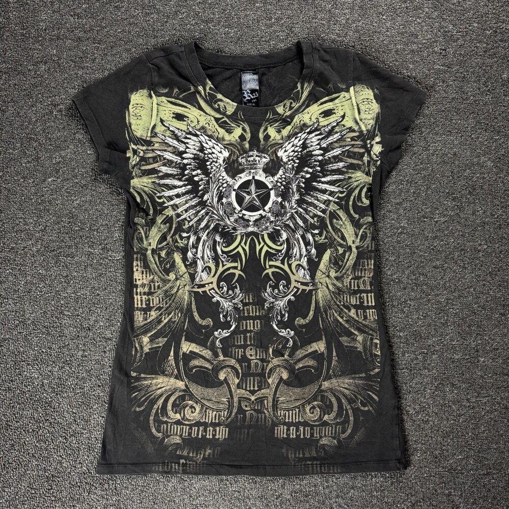 Y2K Shirt Black Green Angel Wings Crown Star Grunge USA 2000s JRS XL / Women M